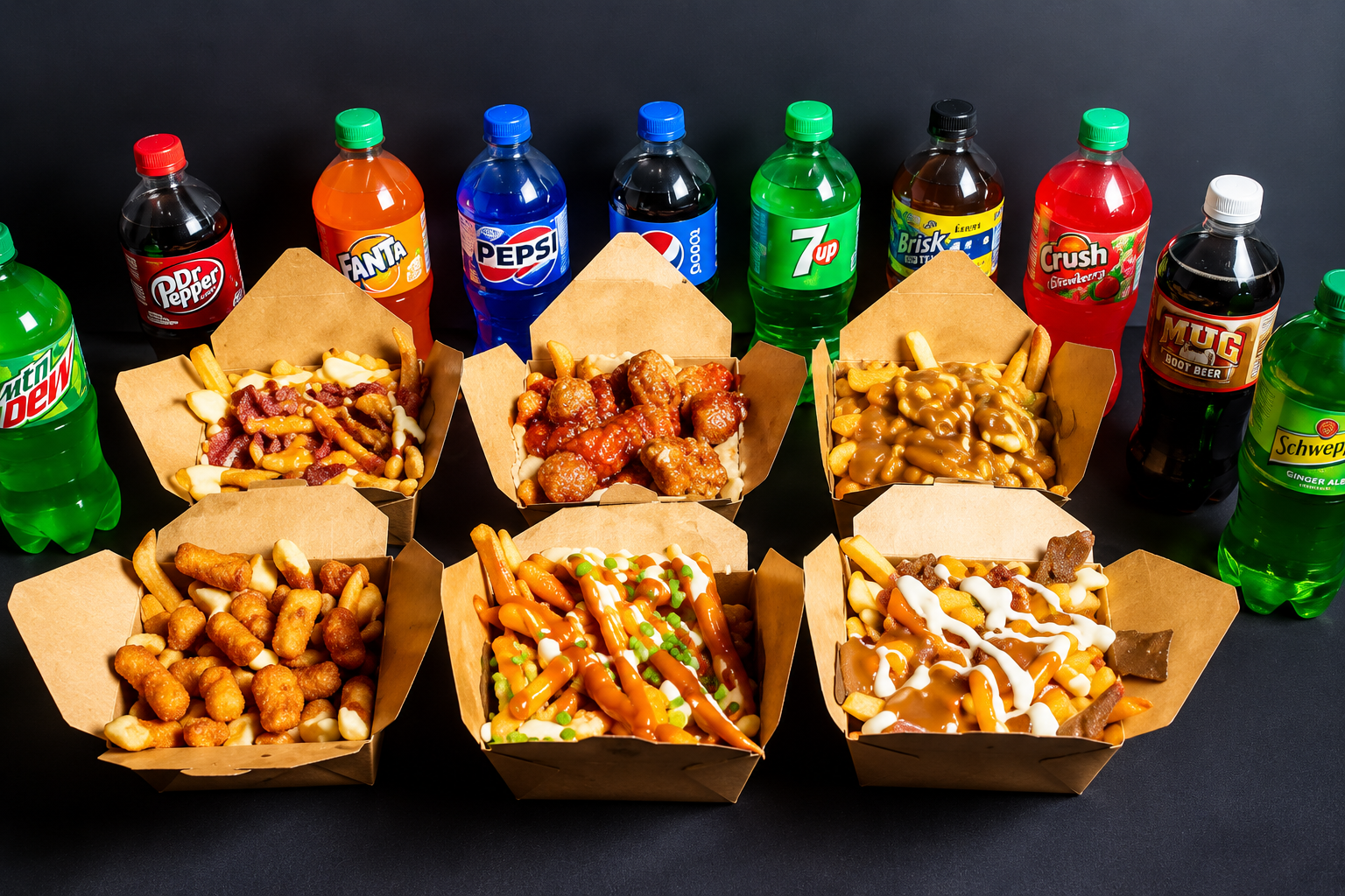 Picure of different types of poutine in front of drinks