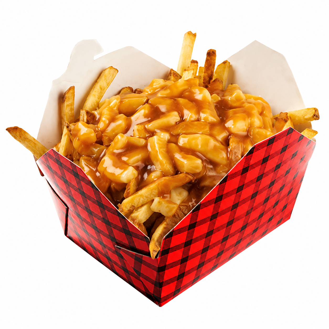 Picture a container of poutine on a white background